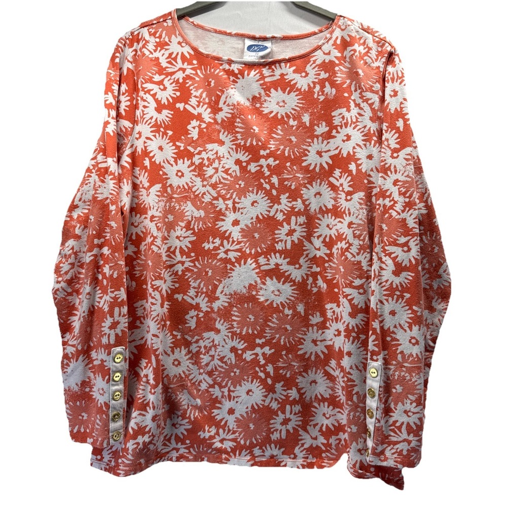 Diane Gilman Women's Top Size Large Orange White Floral Long Sleeves Pullover